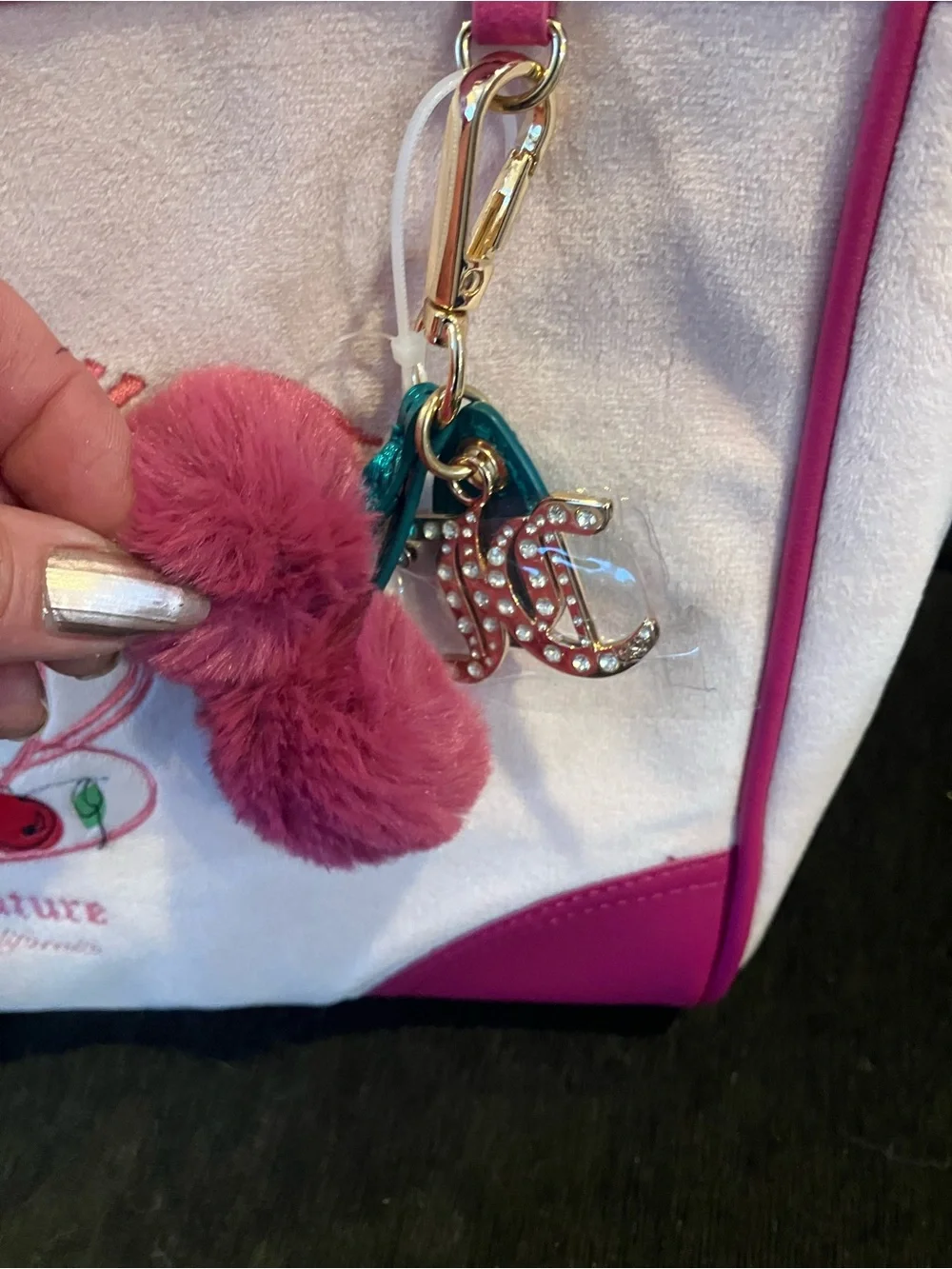 Juicy Couture Sweet Tea Party Hot Pink and White Tote with Pom Charm